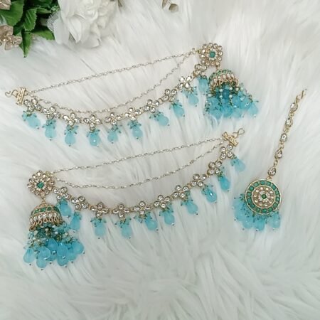 Light Blue Jhumka with Mattal Earchain and Maang Tikka