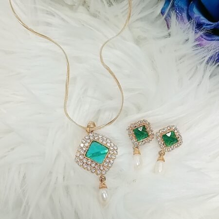 Turquoise Real Pearl Gold Plated Pendant Necklace Set with Earrings