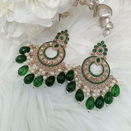 Forest Green Gold Pearl Chandbali Indian Earrings