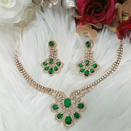 American Diamond Emerald Green Gold Necklace Set with Earrings