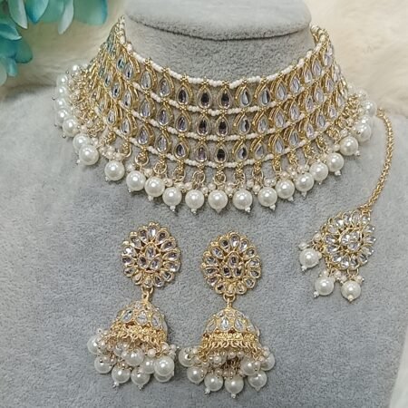 Indian Beaded Pearl Choker Jhumka Set with Tikka
