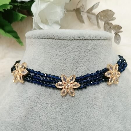 Navy Blue Beaded AD Floral Choker