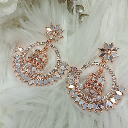 Rose Gold Mirror Chandbali Jhumka Earrings