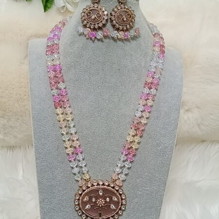 Bubble Crystal Beaded Mauve Indian Long Necklace with Matching Earrings