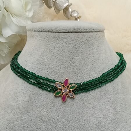 Emerald Green Beaded AD Floral Choker