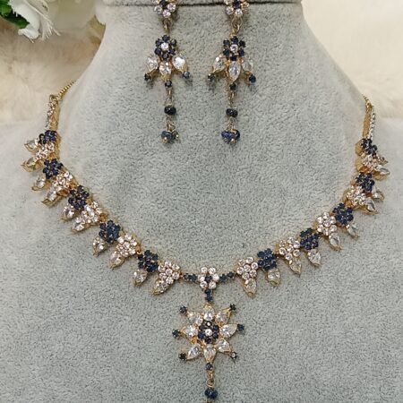 American Diamond Matte Navy Blue Gold Jewellery Set