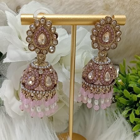 Pink Three Layer Beaded Pearl Jhumka