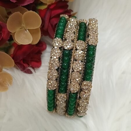 Exclusive Floral Emerald Green Gold Beaded 4pc Indian Bangle Set