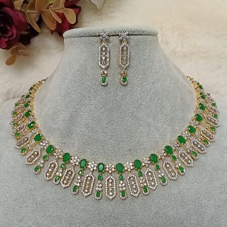 Exclusive Floral Green Gold American Diamond Bridal Jewellery Set