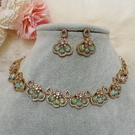 American Diamond Light Green Peacock Lotus Floral Indian Jewellery Set