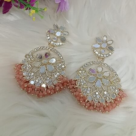 Light Peach Pink Beaded Mirror Chandbali Earrings