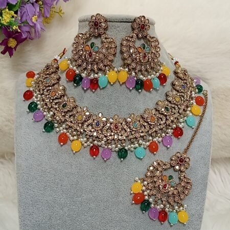 Multicolor Pakistani Reverse AD Jewellery Set with Maang Tikka