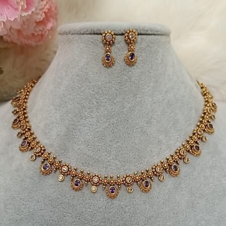 Designer Traditional American Diamond Dark Purple Gold Floral Indian Jewellery Set