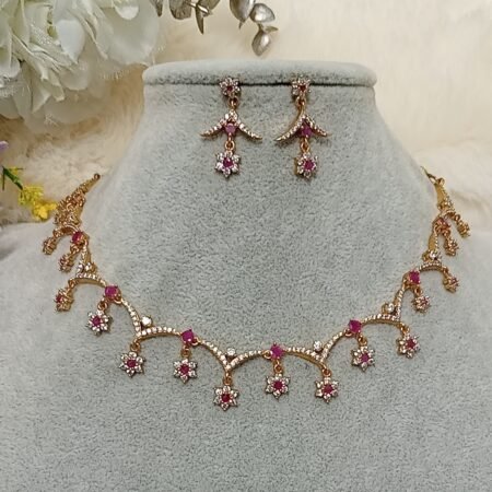 American Diamond Ruby Pink White Floral Jewellery Set