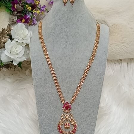 American Diamond Ruby Pink White Long Indian Necklace Jewellery Set
