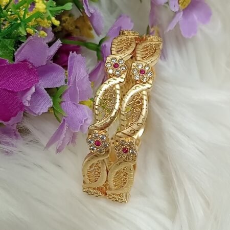 American Diamond Gold Plated Ruby Pink White 2pc Floral Bangles