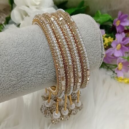 Elegant Pearl Gold 4pc Jhumka Latkan Bangles