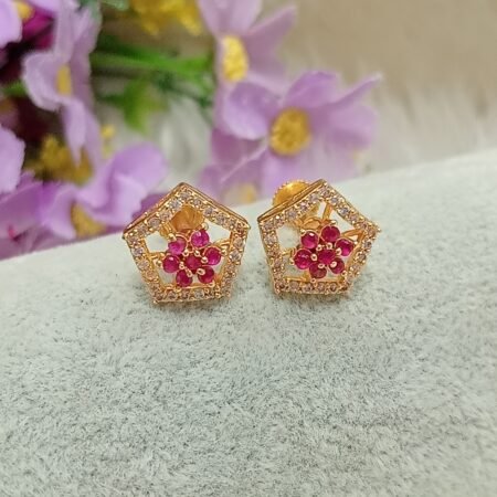 American Diamond Gold Plated Pentagon Floral Studs