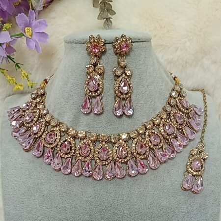 Princess Pink Gold Indian Jewellery Set with Maang Tikka