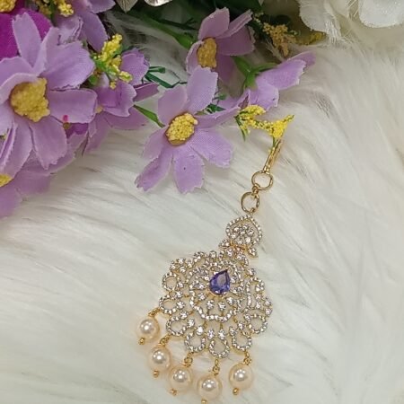 Purple White Gold American Diamond Maang Tikka with Pearls